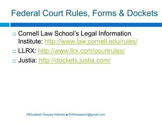 Federal Court Rules, Forms & Dockets©Elizabeth Geesey Holmes ■ EGHresearch@gmail.comCornell Law School’s Legal Information Institute: http://www.law.cornell.edu/rules/LLRX: http://www.llrx.com/courtrules/Justia: http://dockets.justia.com/