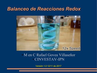 Balanceo de Reacciones RedoxBalanceo de Reacciones Redox
● M en C Rafael Govea Villaseñor
● CINVESTAV-IPN
Versión 1.0 12/11 de 2017Versión 1.0 12/11 de 2017
 