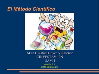 El Método CientíficoEl Método Científico
M en C Rafael Govea VillaseñorM en C Rafael Govea Villaseñor
CINVESTAV-IPNCINVESTAV-IPN
UAM-IUAM-I
Versión 2.1
2018-02-25 a 26
 