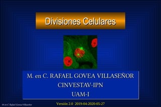 M en C Rafael Govea Villaseñor
Divisiones CelularesDivisiones Celulares
Versión 2.0 2019-04-2020-05-27Versión 2.0 2019-04-2020-05-27
M. en C. RAFAEL GOVEA VILLASEÑORM. en C. RAFAEL GOVEA VILLASEÑOR
CINVESTAV-IPNCINVESTAV-IPN
UAM-IUAM-I
M. en C. RAFAEL GOVEA VILLASEÑORM. en C. RAFAEL GOVEA VILLASEÑOR
CINVESTAV-IPNCINVESTAV-IPN
UAM-IUAM-I
 