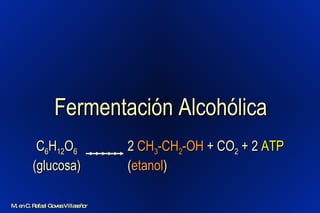 Fermentación Alcohólica M. en C. Rafael Govea Villaseñor C 6 H 12 O 6  (glucosa) 2  CH 3 -CH 2 -OH  + CO 2  + 2  ATP  ( etanol ) 