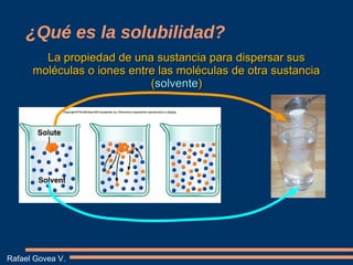 ¿Qué es la solubilidad?
Rafael Govea V.
La propiedad de una sustancia para dispersar susLa propiedad de una sustancia para...