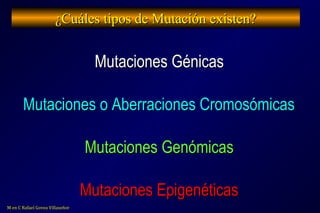 ¿Cuáles tipos de Mutación existen?¿Cuáles tipos de Mutación existen?
Mutaciones GénicasMutaciones Génicas
Mutaciones o Abe...