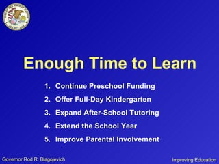Governor Rod R. Blagojevich Enough Time to Learn Continue Preschool Funding Offer Full-Day Kindergarten Expand After-School Tutoring Extend the School Year Improve Parental Involvement Improving Education 