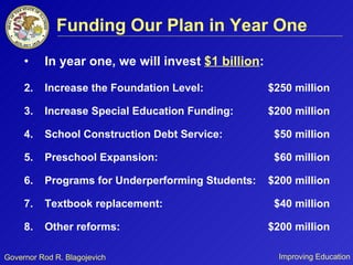 Funding Our Plan in Year One In year one, we will invest  $1 billion : Increase the Foundation Level: $250 million  Increase Special Education Funding:  $200 million  School Construction Debt Service:  $50 million  Preschool Expansion: $60 million  Programs for Underperforming Students:  $200 million  Textbook replacement:   $40 million  Other reforms:  $200 million  