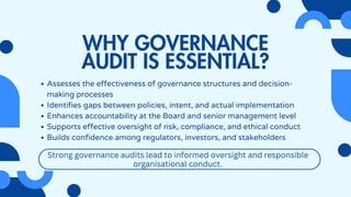 WHY GOVERNANCE
AUDIT IS ESSENTIAL?
Assesses the effectiveness of governance structures and decision-
making processes
Identifies gaps between policies, intent, and actual implementation
Enhances accountability at the Board and senior management level
Supports effective oversight of risk, compliance, and ethical conduct
Builds confidence among regulators, investors, and stakeholders
Strong governance audits lead to informed oversight and responsible
organisational conduct.
 