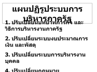 แผนปฏิรูประบบการบริหารภาครัฐ 1.  ปรับเปลี่ยนบทบาทภารกิจ และวิธีการบริหารงานภาครัฐ 2.  ปรับเปลี่ยนระบบงบประมาณการเงิน และพัสดุ 3.  ปรับเปลี่ยนระบบการบริหารงานบุคคล 4.  ปรับเปลี่ยนกฏหมาย 5.  ปรับเปลี่ยนวัฒนธรรม และค่านิยม 
