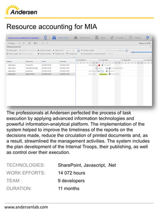 Resource accounting for MIA
www.andersenlab.com
The professionals at Andersen perfected the process of task
execution by applying advanced information technologies and
powerful information-analytical platform. The implementation of the
system helped to improve the timeliness of the reports on the
decisions made, reduce the circulation of printed documents and, as
a result, streamlined the management activities. The system includes
the plan development of the Internal Troops, their publishing, as well
as control over their execution.
TECHNOLOGIES: SharePoint, Javascript, .Net
WORK EFFORTS: 14 072 hours
TEAM : 9 developers
DURATION: 11 months
 