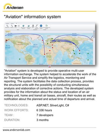 "Aviation" information system
www.andersenlab.com
TECHNOLOGIES: ASP.NET, SilverLight, C#
WORK EFFORTS: 6 336 hours
TEAM : 7 developers
DURATION: 3 months
"Aviation" system is developed to provide operative multi-user
information exchange. The system helped to accelerate the work of the
Air Transport Service and simplify the logistics, monitoring and
reporting. The system facilitates the data collection process, provides
the structural units with the possibility of conducting simultaneous
analysis and elaboration of corrective actions. The developed system
provides for the information about the status and location of an air
military unit, home and transit air bases, aircraft, their routes as well as
notification about the planned and actual time of departure and arrival.
 