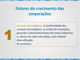Avanços tecnológicos. A continuidade dos
avanços tecnológicos, as ondas de inovações,
gerando o desenvolvimento de novas indústrias,
e, dentro de cada uma delas, uma notável
diversificação
de produtos.
1
Fatores do crecimento das
corporações
 