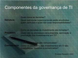Componentes da governança de TI
Estrutura

Quem toma as decisões?
Quais estruturas organizacionais estão envolvidas,
quem participa e quais são suas responsabilidades?

Processos

Como as decisões de investimento são tomadas?
Quais são os processos para proposta, aprovação e
priorização dos investimentos em TI?

Como as decisões são comunicadas?
Comunicação Como os resultados das investimentos em TI são
monitorados, medidos e comunicados?
(Forrester Research, 2005)

 