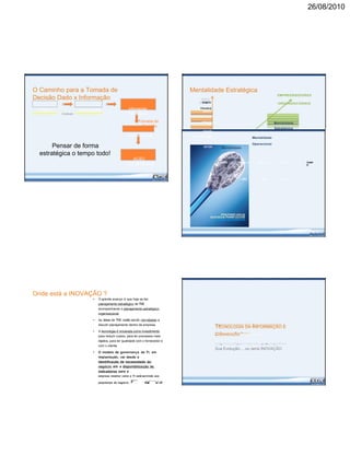 26/08/2010
O Caminho para a Tomada de
Decisão Dado x Informação
InformaçõesDados Informações
Contexto Estratégicas
Tomada de
Decisão
ESTRATÉGIA
Pensar de forma
estratégica o tempo todo!
AÇÃO
ESTRATÉGICA
Mentalidade Estratégica
EMPREENDEDORES
PONTO
ORGANIZACIONAIS
FOCAD O
MUNDO
ESTADO
Mentalidade
Estratégica
CIDADE
ORGANIZAÇÃO
Mentalidade
Operacional
SETOR
Mentalidade
Imediatista
HOJE DAQUI A DAQUI A DAQUI A TEMP
O
1 MÊS 1 ANO 10 ANOS
Onde está a INOVAÇÃO ?
• O grande avanço é que hoje se faz
planejamento estratégico de TIC
acompanhando o planejamento estratégico
organizacional.
• As áreas de TIC estão sendo convidadas a
discutir planejamento dentro da empresa.
• A tecnologia é encarada como investimento
para reduzir custos, para ter processos mais
rápidos, para ter qualidade com o fornecedor e
com o cliente.
• O modelo de governança de TI, em
implantação, vai desde a
identificação da necessidade do
negócio até a disponibilização de
indicadores para a
empresa mostrar como a TI está servindo aos
propósitos do negócio.
TECNOLOGIA DA INFORMAÇÃO E
COMUNICAÇÃO
Sua Evolução.....ou seria INOVAÇÃO
 
