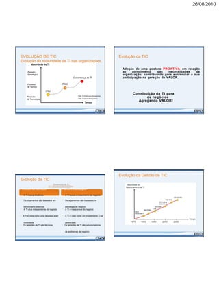 26/08/2010
EVOLUÇÃO DE TIC
Evolução da maturidade de TI nas organizações.
ITIM: IT Infrastructure Management
ITSM: IT Service Management
Evolução da TIC
Governança de TI
Provedor de Serviços Parceiro Estratégico
• A TI busca eficiência • A TI busca o crescimento do negócio
• Os orçamentos são baseados em • Os orçamentos são baseados na
benchmarks externos estratégia do negócio
• A TI atua independente do negócio • A TI é inseparável do negócio
• A TI é vista como uma despesa a ser • A TI é vista como um investimento a ser
controlada gerenciado
• Os gerentes de TI são técnicos • Os gerentes de TI são solucionadores
de problemas de negócio
Evolução da TIC
Adoção de uma postura PROATIVA em relação
ao atendimento das necessidades da
organização, contribuindo para evidenciar a sua
participação na geração de VALOR.
Contribuição da TI para
os negócios
Agregando VALOR!
Evolução da Gestão de TIC
 