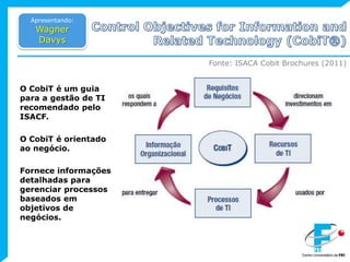 ControlObjectives for InformationandRelatedTechnology (CobiT®)Apresentando:Wagner DavysFonte: ISACA CobitBrochures (2011)O CobiT é um guia para a gestão de TI recomendado pelo ISACF. O CobiT é orientado ao negócio. Fornece informações detalhadas para gerenciar processos baseados em objetivos de negócios. 