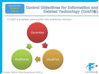 ControlObjectives for InformationandRelatedTechnology (CobiT®)Apresentando:Wagner DavysO CobiT é projetado para auxiliar três audiências distintas: Fonte: ISACA CobitBrochures (2011)