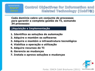ControlObjectives for InformationandRelatedTechnology (CobiT®)Apresentando:Wagner DavysCada domínio cobre um conjunto de processos para garantir a completa gestão de TI, somando 34 processos:Aquisição e Implementação1. Identifica as soluções de automação 2. Adquire e mantém os softwares 3. Adquire e mantém a infraestrutura tecnológica 4. Viabiliza a operação e utilização 5. Adquire recursos de TI 6. Gerencia as mudanças 7. Instala e aprova soluções e mudanças Fonte: ISACA CobitBrochures (2011)