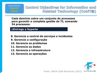 ControlObjectives for InformationandRelatedTechnology (CobiT®)Apresentando:Wagner DavysCada domínio cobre um conjunto de processos para garantir a completa gestão de TI, somando 34 processos:Entrega e Suporte8. Gerencia a central de serviços e incidentes 9. Gerencia a configuração 10. Gerencia os problemas 11. Gerencia os dados 12. Gerencia a infraestrutura13. Gerencia as operações Fonte: ISACA CobitBrochures (2011)