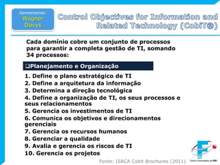 ControlObjectives for InformationandRelatedTechnology (CobiT®)Apresentando:Wagner DavysCada domínio cobre um conjunto de processos para garantir a completa gestão de TI, somando 34 processos:Planejamento e Organização 1. Define o plano estratégico de TI 2. Define a arquitetura da informação 3. Determina a direção tecnológica 4. Define a organização de TI, os seus processos e seus relacionamentos 5. Gerencia os investimentos de TI 6. Comunica os objetivos e direcionamentos gerenciais 7. Gerencia os recursos humanos 8. Gerenciar a qualidade 9. Avalia e gerencia os riscos de TI 10. Gerencia os projetos Fonte: ISACA CobitBrochures (2011)