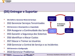 (DS) Entregar e Suportar

•     DS1 Definir e Gerenciar Níveis de Serviços

•     DS2 Gerenciar Serviços Terceirizados
•     DS3 Gerenciar o Desempenho e a Capacidade

•     DS4 Assegurar a Continuidade dos Serviços
•     DS5 Garantir a Segurança dos Sistemas
•     DS6 Identificar e Alocar Custos
•     DS7 Educar e Treinar os Usuários
•     DS8 Gerenciar a Central de Serviço e os Incidentes
•     DS9 Gerenciar a Configuração

•     DS10 Gerenciar Problemas
Márcio Moreira                3. COBIT – slide 105   Governança e Qualidade em Serviços de TI - GOV
 