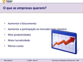O que as empresas querem?



• Aumentar o faturamento

• Aumentar a participação no mercado (mais clientes)

• Mais produtividades

• Maior lucratividade

• Menos custos




Márcio Moreira    3. COBIT – slide 111   Governança e Qualidade em Serviços de TI - GOV
 