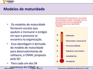 Modelos de maturidade


   • Os modelos de maturidade
        fornecem escalas que
        ajudam a mensurar o estágio
        em que o processo se
        encontra na organização.
   • Essa abordagem é derivada
        do modelo de maturidade
        para desenvolvimento de
        software, o CMMI, proposto
        pelo SEI
   • Para cada um dos 34
        processos do CObIT,–o 131
Márcio Moreira         3. COBIT slide   Governança e Qualidade em Serviços de TI - GOV
 