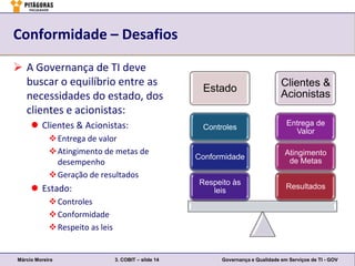 Conformidade – Desafios

 A Governança de TI deve
  buscar o equilíbrio entre as                                                      Clientes &
                                                        Estado
  necessidades do estado, dos                                                       Acionistas
  clientes e acionistas:
      Clientes & Acionistas:                           Controles
                                                                                      Entrega de
                                                                                        Valor
             Entrega de valor
             Atingimento de metas de                                                Atingimento
                                                       Conformidade
              desempenho                                                              de Metas
             Geração de resultados
                                                       Respeito às
      Estado:                                            leis
                                                                                      Resultados
             Controles
             Conformidade
             Respeito as leis


Márcio Moreira                   3. COBIT – slide 14         Governança e Qualidade em Serviços de TI - GOV
 