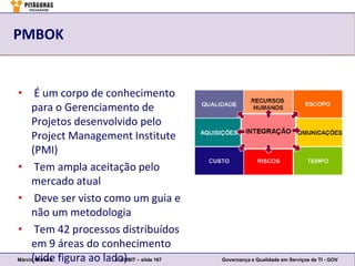 PMBOK


• É um corpo de conhecimento
     para o Gerenciamento de
     Projetos desenvolvido pelo
     Project Management Institute
     (PMI)
• Tem ampla aceitação pelo
     mercado atual
• Deve ser visto como um guia e
     não um metodologia
• Tem 42 processos distribuídos
     em 9 áreas do conhecimento
Márcio Moreira figura ao lado)
     (vide                  3. COBIT – slide 167   Governança e Qualidade em Serviços de TI - GOV
 