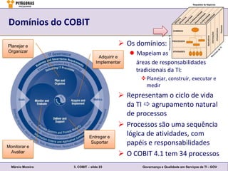 Domínios do COBIT

Planejar e                                 Os domínios:
Organizar
                                                Mapeiam as
                                  Adquirir e
                                 Implementar     áreas de responsabilidades
                                                 tradicionais da TI:
                                                    Planejar, construir, executar e
                                                     medir
                                           Representam o ciclo de vida
                                            da TI  agrupamento natural
                                            de processos
                                           Processos são uma sequência
                             Entregar e
                                            lógica de atividades, com
Monitorar e
                              Suportar      papéis e responsabilidades
 Avaliar
                                           O COBIT 4.1 tem 34 processos
  Márcio Moreira   3. COBIT – slide 23             Governança e Qualidade em Serviços de TI - GOV
 