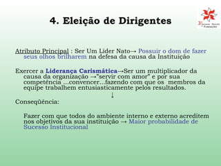 4. Eleição de Dirigentes Atributo Principal  : Ser Um Líder Nato ->  Possuir o dom de fazer seus olhos brilharem  na defesa da causa da Instituição Exercer a  Liderança Carismática ->Ser um multiplicador da causa da organização ->”servir com amor” e por sua competência ...convencer...fazendo com que os  membros da equipe trabalhem entusiasticamente pelos resultados.  ↓ Conseqüência: Fazer com que todos do ambiente interno e externo acreditem nos objetivos da sua instituição ->  Maior probabilidade de Sucesso Institucional 