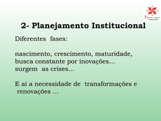 Diferentes  fases:  nascimento, crescimento, maturidade, busca constante por inovações… surgem  as crises... E aí a necessidade de  transformações e  renovações ... 2- Planejamento Institucional 