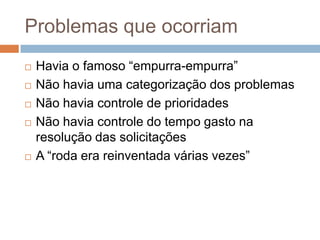 Problemas que ocorriam
   Havia o famoso “empurra-empurra”
   Não havia uma categorização dos problemas
   Não havia controle de prioridades
   Não havia controle do tempo gasto na
    resolução das solicitações
   A “roda era reinventada várias vezes”
 