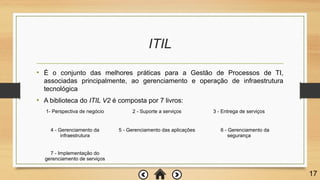 ITIL
17
• É o conjunto das melhores práticas para a Gestão de Processos de TI,
associadas principalmente, ao gerenciamento e operação de infraestrutura
tecnológica
• A biblioteca do ITIL V2 é composta por 7 livros:
1- Perspectiva de negócio 2 - Suporte a serviços 3 - Entrega de serviços
4 - Gerenciamento da
infraestrutura
5 - Gerenciamento das aplicações 6 - Gerenciamento da
segurança
7 - Implementação do
gerenciamento de serviços
 