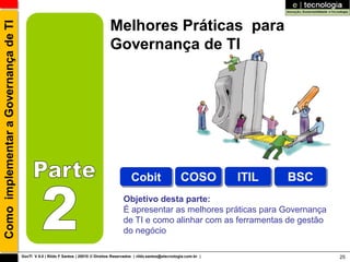 Melhores Práticas para
Como implementar a Governança de TI


                                                                                    Governança de TI




                                                                                               Cobit                     COSO          ITIL   BSC
                                                                                           Objetivo desta parte:
                                                                                           É apresentar as melhores práticas para Governança
                                                                                           de TI e como alinhar com as ferramentas de gestão
                                                                                           do negócio

                                      GovTI V 8.0 | Rildo F Santos | 20010 © Direitos Reservados | rildo.santos@etecnologia.com.br |                25
 