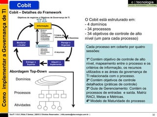 Como implementar a Governança de TI           Cobit
                                      Cobit – Detalhes do Framework
                                               Objetivos de negócios e Objetivos de Governança de TI
                                                                                                                              O Cobit está estruturado em:
                                                                       Informação                                             - 4 domínios
                                                                           Eficiência                                         - 34 processos
                                                                           Eficácia
                                                                           Confidencialidade
                                                                           Integridade          7 Critério da
                                                                                                                              - 34 objetivos de controle de alto
                                                                           Disponibilidade
                                                                                                 Informação
                                                                           Conformidade
                                                                           Confiabilidade
                                                                                                                4 Domínios    nível (um para cada processo)
                                              Monitorar                                                  Planejar e
                                              e Avaliar                                                  Organizar
                                                                        Recursos de TI

                                                                           Aplicações
                                                                                                                               Cada processo em coberto por quatro
                                                                           Informação
                                                                           Infra-estrutura       4 recursos                    sessões:
                                                                           Pessoas



                                                                                                                               1º Contém objetivo de controle de alto
                                                          Entregar e                          Adquirir e
                                                           Suportar                          Implementar                       nível, mapeamento entre o processo e os
                                                                                                                               critérios de informação, os recursos
                                      Abordagem Top-Down                                                                       utilizados e as áreas da governança de
                                                                                                                               TI relacionada com o processo.
                                             Domínios                                                                          2º Contém objetivos de controle
                                                                                                                               detalhados (práticas de controle)
                                                                                                                               3º Guia de Gerenciamento: Contém os
                                           Processos                                                                           processos de entradas e saída. Matriz
                                                                                                                               RACI, Metas e Métricas.
                                                                                                                               4º Modelo de Maturidade do processo
                                           Atividades

                                      GovTI V 8.0 | Rildo F Santos | 20010 © Direitos Reservados | rildo.santos@etecnologia.com.br |                                     32
 