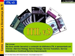 Como implementar a Governança de TI       ITIL v3




                                        Os Livros:
                                        Na nova versão (terceira) o conteúdo da biblioteca ITIL é apresentado em
                                        5 livros: (Service Stategy, Service Design, Service Transition, Service
                                        Operations e Continual Service Improvement)
                                      GovTI V 8.0 | Rildo F Santos | 20010 © Direitos Reservados | rildo.santos@etecnologia.com.br |   56
 