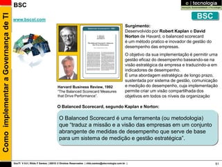 Como implementar a Governança de TI   BSC

                                      www.bscol.com
                                                                                                                                                                     BSC
                                                                                                                                  Surgimento:
                                                                                                                                  Desenvolvido por Robert Kaplan e David
                                                                                                                                  Norton de Havard, o balanced scorecard
                                                                                                                                  é um método pratico e inovador de gestão do
                                                                                                                                  desempenho das empresas.
                                                                                                                                  O objetivo da sua implementação é permitir uma
                                                                                                                                  gestão eficaz do desempenho baseando-se na
                                                                                                                                  visão estratégica da empresa e traduzindo-a em
                                                                                                                                  indicadores de desempenho.
                                                                                                                                  É uma abordagem estratégica de longo prazo,
                                                                                                                                  sustentada por sistema de gestão, comunicação
                                                                          Harvard Business Review, 1992                           e medição do desempenho, cuja implementação
                                                                          “The Balanced Scorecard Measures                        permite criar um visão compartilhada dos
                                                                          that Drive Performance”.                                objetivos em todos os níveis da organização

                                                                          O Balanced Scorecard, segundo Kaplan e Norton:

                                                                           O Balanced Scorecard é uma ferramenta (ou metodologia)
                                                                           que “traduz a missão e a visão das empresas em um conjunto
                                                                           abrangente de medidas de desempenho que serve de base
                                                                           para um sistema de medição e gestão estratégica”.



                                      GovTI V 8.0 | Rildo F Santos | 20010 © Direitos Reservados | rildo.santos@etecnologia.com.br |                                            61
 