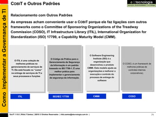 Como implementar a Governança de TI    COBIT e Outros Padrões

                                       Relacionamento com Outros Padrões
                                       As empresas acham conveniente usar o COBIT porque ele faz ligações com outros
                                       frameworks como o Committee of Sponsoring Organizations of the Treadway
                                       Commission (COSO), IT Infrastructure Library (ITIL), International Organization for
                                       Standardization (ISO) 17799, e Capability Maturity Model (CMM).




                                                                                                                                   O Software Engineering
                                                                                      O Código de Prática para o                      Institute (SEI) é a
                                            O ITIL é uma coleção de
                                                                                    Gerenciamento de Segurança                        organização que
                                             melhores práticas no                                                                                             O COSO, é um framework de
                                                                                      da Informação é um padrão                    desenvolveu o produto
                                        gerenciamento de serviços de                                                                                             melhores práticas de
                                                                                    baseado no BS 7799-1. É uma                  CMMI. Este modelo ajuda as
                                        TI. Ele está focado no “como”                                                                                             controles internos
                                                                                          melhor prática para                     organizações a melhorar a
                                        na entrega de serviços de TI e                                                                                              corporativos).
                                                                                    implementar o gerenciamento                    execução e controle do
                                          seus processos e funções
                                                                                     de segurança da informação.                   processo de entrega do
                                                                                                                                           software




                                                ITIL                                    ISO/IEC 17799                                  CMMI                       COSO




                                      GovTI V 8.0 | Rildo F Santos | 20010 © Direitos Reservados | rildo.santos@etecnologia.com.br |                                                      71
 