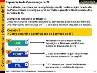 Como implementar a Governança de TI   Implantação da Governança de TI
                                       Para atender os requisitos de negócio (presente na declaração da missão
                                       do Planejamento Estratégico, área de TI deve garantir a Continuidade dos
                                       Serviços de TI..

                                       Exemplo de Requisito de Negócio:
                                       Desastres e outros incidentes naturais ou provocados podem causar falha ou
                                       uma interrupção dos serviços de TI, o que pode provocar prejuízos ao negócio.

                                        Questão ?
                                        > Como garantir a Continuidade de Serviços de TI ?

                                         A                                                                       Alinhamento entre o Planejamento
                                                     BSC                                                         Estratégico e TI (através do BSC e do
                                                                                                                 modelo de Governança de TI)

                                         B
                                                   COBIT                                                         O Cobit demonstrar “o que” implementar
                                                                                                                 para atender o requisito de negócio

                                         C
                                                                                                                 O ITIL demonstrar “como” implementar
                                                       ITIL                                                      para atender o requisito de negócio
                                      GovTI V 8.0 | Rildo F Santos | 20010 © Direitos Reservados | rildo.santos@etecnologia.com.br |                      77
 