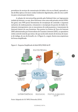 GOVERNANÇA DIGITAL
141
provedoras de serviços de comunicação de dados e de voz no Brasil, operando re-
des de fibra óptica e de micro-ondas totalmente digitalizadas, além de cinco satéli-
tes para comunicação doméstica.
A solução de internetworking provida pela Embratel deve ser logicamente
isolada da Internet, ou seja, deve funcionar como uma rede privada virtual (VPN).
Em geral, uma VPN possui ferramentas de encriptação de conteúdo e esquemas
exclusivos de endereçamento, roteamento e encriptação de pacotes de dados (to-
talmente interoperáveis com os mecanismos de endereçamento e transmissão da
Internet) dentro de suas fronteiras. Nas pontas (os Pontos de Troca de Internet
[IXP] administrados por Fornecedores de Conexão à Internet [ISP]), os operadores
retêm controle total do que entra e do que sai da rede através de técnicas de mane-
jo de tráfego, do uso de firewalls, etc. A Figura 4, a seguir, ilustra essa arquitetura
de forma simplificada.
Figura 4 – Esquema Simplificado da Rede MPLS/WAN da PF
Fonte: Adaptado de 21C MPLS Networks (2014).
 
