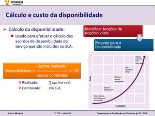 Cálculo e custo da disponibilidade

 Cálculo da disponibilidade:                     Identificar funções de
                                                  negócio vitais
     Usado para efetuar o cálculo dos
      acordos de disponibilidade do                     Projetar para a
      serviço que são incluídos no SLA.                 disponibilidade



                   Uptime realizado
 Disponibilidade = ––––––––––––––– x 100
     Uptime (MTBF):
                   Uptime combinado
         Tempo médio entre falhas.
            Realizado:   ∑ uptime real.
            Combinado:   No SLA.




  Márcio Moreira             2. ITIL – slide 54          Governança e Qualidade em Serviços de TI - GOV
 
