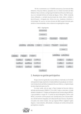 Por fim, recentemente a Lei 11.050/08 reestruturou a Secretaria de Meio
                                                                            Ambiente e Recursos Hídricos, passando esta a se chamar Secretaria de Meio
                                                                            Ambiente. Nesse contexto, a antiga Superintendência de Recursos Hídricos pas-
                                                                            sou a ser chamada Instituto de Gestão das Águas e Clima – INGÁ, recebendo
                                                                            novas atribuições, a exemplo da preservação das matas ciliares, combate à
                                                                            desertificação e mitigação dos efeitos da seca, mudanças climáticas e
                                                                            meteorologia. Por sua vez, na nova estrutura do INGÁ surgem diretorias para
                                                                            atender as novas demandas, como se observa no organograma a seguir.


                                                                                                       INGÁ - Organograma

                                                                                                             Conselho Administrativo




                                                                                                                     Diretoria Geral



                                                                                                                                                    COGES -Coordenação de              UNIHIDRO- Universidade
                                                                                                                       Gabinete                       Gestão Estratérgica                Popular das Águas




                              UGP- Unidade de                 COPEL - Comissão                      Assessorias                                          ASCOM - Assessoria de
                          Gerenciamente de Projetos         Permanete de Licitação                   Especiais                         Cerimonial            Comunicação                   Procuradoria Jurídica




                                                                                                                                                                                                 Ouvidoria




                                     DMI -Diretoria de                                                                                                            DSP - Diretoria                  DAF - Diretoria
 DPR -Diretoria de                                                        DRI -Diretoria de                                                                 Socioambiental Participativa      Administrativa e Financeira
   Planejamento                       Monitoramento                          Regulação
de Recurso Hídricos                    e Informação



                       COPLAN                               COMOM                               COOUT                                                                                  COGEP                               COFIA
              Coordenação de Planejamento        Coordenação de Monitoramento            Coordenação de Outorga                                                                  Coordenação de Gestão             Coordenação Financeira e
                   de Recurso Hídricos                Hidrometereologico                                                                                                              Participativa                    de Arrecadação



                        CEPRO                               COMAH                                CEFIS                                                                                 CODEA                              COOAD
               Coordenação de Estudos de         Coordenação de Monitoramento de        Coordenação deFiscalização                                                                  Coordenação de             Coordenação de Administrativa
               Projeto de Recurso Hídricos       Qualidade da Água e Hidrogeologia                                                                                                Educação Ambiental




                         UGP                                 COTIC                              COCAD                                                                                  COSAM                              COORP
               Unidade de Gerenciamento             Coordenação de Tecnologia           Coordenação de Cadastro e                                                             Coordenação Socioambiental               Coordenação de
                      de Projetos                   Informação e Comunicação                Apoio à Regulação                                                                                                         Orçamento Público




                                                                                                                       UR
                                                                                                                Unidades Regionais




                                                                            2. Avanços na gestão participativa
                                                                                   No que concerne à gestão dos recursos hídricos e mantendo a lei 10.432/06
                                                                            como parâmetro legal, atualmente o Estado da Bahia tem passado por um momen-
                                                                            to de fortalecimento da Política Estadual de Recursos Hídricos e a implementação
                                                                            de ações importantes para esse fim.
                                                                                   Em assim sendo, está em vigor o Plano Estadual de Recursos Hídricos
                                                                            definido pela Resolução CONERH nº 01 de 2005. Tendo-o como base, o Estado
                                                                            da Bahia é dividido em 17 Regiões de Planejamento de Gestão de Águas (RPGA’s),
                                                                            o que possibilita a criação de 17 Comitês de bacia hidrográfica. Dentre estas
                                                                            RPGA’s, encontram-se 09 na porção Leste, fazendo divisa com o Oceano Atlân-
                                                                            tico e 08 diretamente integrados com a Bacia do Rio São Francisco. Atualmente,
                                                                            este plano está sendo revisado, visto que algumas RPGA’s englobam regiões
                                                                            díspares e muito distantes, dificultando a instalação de Comitês efetivamente
                                                                            participativos e atuantes.


                                                                            45
 
