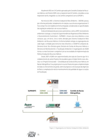 Atualmente MG tem 34 Comitês aprovados pelo Conselho Estadual de Recur-
sos Hídricos e até final de 2009, com a criação de mais 02 Comitês, consolida-se essa
importante tarefa, chegando-se a 36 Comitês compatíveis com as UPGRH´s.

       No início de 2007, o Sistema Estadual de Meio Ambiente – SISEMA, passou
por reformas profundas, notadamente em relação a sua estrutura organizacional. O
foco sempre foi o de trabalhar de forma integrada, considerando as especificidades
das legislações ambiental e de recursos hídricos.
       A descentralização dos processos autorizativos, como a APEF, licenciamento
ambiental e outorgas, a criação de Superintendências Regionais de Meio Ambiente
e Desenvolvimento Sustentável – SUPRAM´s, trouxe uma nova dinâmica a essa
estrutura, que, em breve, terá o nome alterado para Sistema Estadual de Meio
Ambiente e de Recursos Hídricos. A reforma também atingiu os organogramas de
cada órgão e entidade para torná-los mais eficientes e o IGAM foi composto de:
Diretoria-Geral, Vice-Diretoria geral, Diretoria de Gestão de Recursos Hídricos e
Diretoria de Monitoramento e Fiscalização Ambiental. O organograma do IGAM
tornou-se mais funcional e compatível com as necessidades de implementação da
Política Estadual de Recursos Hídricos.
       Desde 2007 o IGAM vem experimentando uma ação de Governo que foi o
estabelecimento de vários Projetos Estruturadores para o Estado. Dentre esses, des-
taca-se o Projeto Estruturador - Consolidação da Gestão de Recursos Hídricos em
Bacias Hidrográficas. Esse projeto prevê recursos financeiros para a implementação
de todos os instrumentos de gestão, além de propiciar a estruturação das Agências
de Bacia, a ampliação da rede de monitoramento da qualidade de água e as ações
de fiscalização.




                    Figura 2. Organograma do Sistema Estadual de Meio Ambiente



75
 
