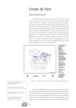 Estado do Pará
                                             Características gerais
                                                     O Estado do Pará apresenta uma área de cerca de 1.247.689,5 km2; tendo
                                             como cursos d´água de maior superfície drenada, os rios: Amazonas, Tapajós,
                                             Xingu, Tocantins, Jari, Trombetas e o Guamá-Capim (Figura 1). Os municípios
                                             mais populosos são: Belém (1.428.368 hab), Ananindeua (498.095 hab), Santarém
                                             (276.074 hab), Marabá (200.801 hab), Castanhal (158.462 hab), Abaetetuba
                                             (133.316 hab), Cametá (106.816 hab), Bragança (103.751 hab), Marituba (101.356
                                             hab) e Itaituba (96.515 hab) (IBGE, 2006). Segundo maior estado brasileiro em
                                             área, atrás apenas do Amazonas, o Pará abriga a maior parte da população da
                                             Região Norte, cerca de 48%; totalizando 7.110.465 de habitantes, com uma
                                             densidade de 5,7 hab./km2 e crescimento demográfico de 2,5% ao ano (1991-
                                             2006). O acesso à água está disponível para 47,3% da população, assim como
                                             57,8% da população tem acesso à rede de esgoto (IBGE, 2006). Estes índices,
                                             refletem um IDH para o Estado de 0,723 (IBGE, 2000).




                                                  Figura 1 - O Estado do Pará na Amazônia e bacias hidrográficas componentes.
Aline Maria Meiguins de Lima
Coordenadora de Informação e
Planejamento Hídrico


Luciene Mota de Leão Chaves
Gerente de Outorga, Cobrança e Compensação
                                                    O Pará é um dos estados brasileiros mais ricos em recursos minerais; os indica-
Verônica Jussara Costa Santos                dores de desempenho apontam um crescimento de 5,4% da indústria extrativa mine-
Gerente de Planejamento e Usos Múltiplos     ral em 2007. O aumento no ritmo de produção é observado em praticamente todos os
                                             bens minerais, com exceção do manganês. A produção mineral é influenciada signi-
Luciana Miranda Cavalcante                   ficativamente pela maior extração de minério de ferro, alumínio (bauxita), cobre,
Gerente de Monitoramento,
Enquadramento e Fiscalização                 manganês e ouro. O valor da produção mineral paraense em 2007 atingiu a marca


                                             85
 