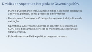 Divisões deArquitetura Integrada de Governança SOA
• Planning Governance: Inclui a analise e modelagem dos candidatos
a serviços, politicas, perfis, processos e informações
• Development Governance: O design dos serviços, inclui politicas de
validação.
• Operational Governance: Controla os aspectos de execução do
SOA. Inclui tipacamente, serviços de monitoração, segurança e
gerenciamento.
• Policy Governance:Define politicas de gerenciamento
 
