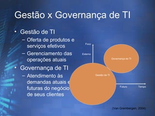Gestão x Governança de TI
• Gestão de TI
  – Oferta de produtos e
                             Foco
    serviços efetivos
  – Gerenciamento das      Externo

    operações atuais                                Governança de TI



• Governança de TI
                           Interno
  – Atendimento às                   Gestão de TI


    demandas atuais e
    futuras do negócio e                Presente          Futuro       Tempo


    de seus clientes

                                                    (Van Grembergen, 2004)
 