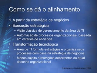 Como se dá o alinhamento
1. A partir da estratégia de negócios
• Execução estratégica
  – Visão clássica de gerenciamento da área de TI
  – Automação de processos organizacionais, baseada
    em critérios de eficiência
• Transformação tecnológica
  – Área de TI formula estratégias e organiza seus
    processos com base na estratégia de negócios
  – Menos sujeita a restrições decorrentes do atual
    desenho organizacional
                                   (Henderson e Venkatraman, 1993)
 