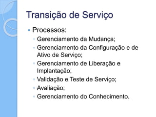 Transição de Serviço
 Processos:
◦ Gerenciamento da Mudança;
◦ Gerenciamento da Configuração e de
Ativo de Serviço;
◦ Gerenciamento de Liberação e
Implantação;
◦ Validação e Teste de Serviço;
◦ Avaliação;
◦ Gerenciamento do Conhecimento.
 