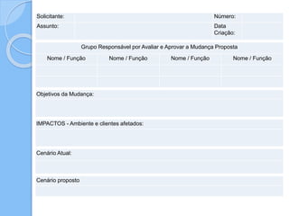 Solicitante: Número:
Assunto: Data
Criação:
Grupo Responsável por Avaliar e Aprovar a Mudança Proposta
Nome / Função Nome / Função Nome / Função Nome / Função
Objetivos da Mudança:
IMPACTOS - Ambiente e clientes afetados:
Cenário Atual:
Cenário proposto
 