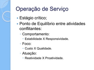 Operação de Serviço
 Estágio crítico;
 Ponto de Equilíbrio entre atividades
conflitantes:
◦ Comportamento:
 Estabilidade X Responsividade.
◦ Foco:
 Custo X Qualidade.
◦ Atuação:
 Reatividade X Proatividade.
 