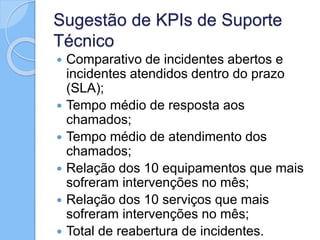 Sugestão de KPIs de Suporte
Técnico
 Comparativo de incidentes abertos e
incidentes atendidos dentro do prazo
(SLA);
 Tempo médio de resposta aos
chamados;
 Tempo médio de atendimento dos
chamados;
 Relação dos 10 equipamentos que mais
sofreram intervenções no mês;
 Relação dos 10 serviços que mais
sofreram intervenções no mês;
 Total de reabertura de incidentes.
 